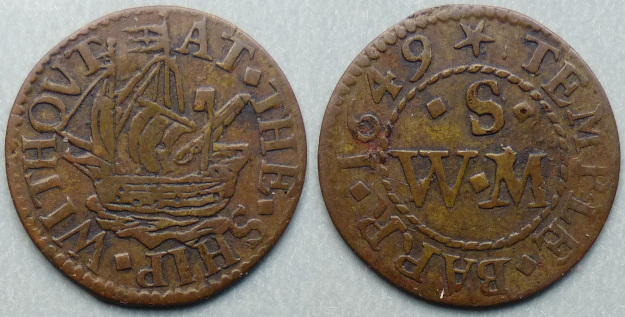 Temple Bar Without, W S (M) AT THE SHIP 1649 farthing - Click Image to Close